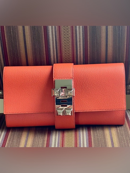 Handbags - LIKE NEW HERMES SANGUINE ORANGE TADELAKT LEATHER MEDOR CLUTCH PALLADIUM HARDWARE